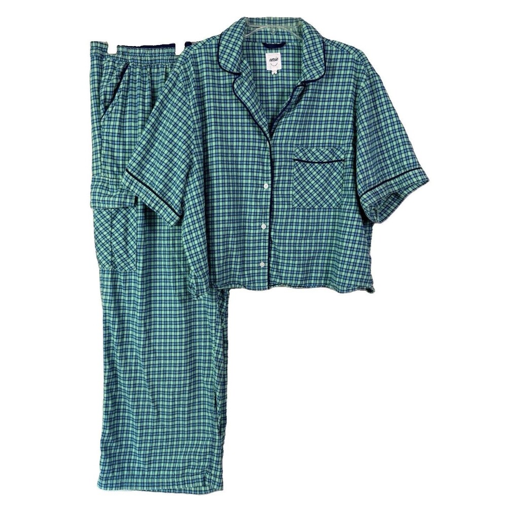 Aerie Womens Pajama Set Size 2XL Blue Green Plaid Flannel Short Sleeve Pockets